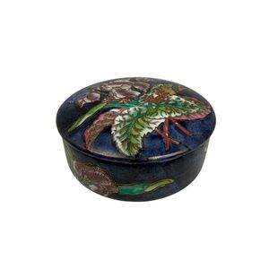 Vintage Tobacco Leaf Bowl with Lid Floral Iris Decorative Trinket Box Blue‎ Pink